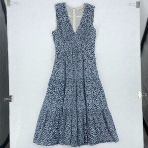 Tory Burch 00 XXS Blue White Floral Cotton Silk Tiered Midi Dress Pockets
